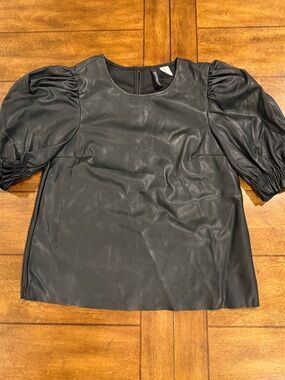 H&M Black Faux Leather Puff Sleeve Top